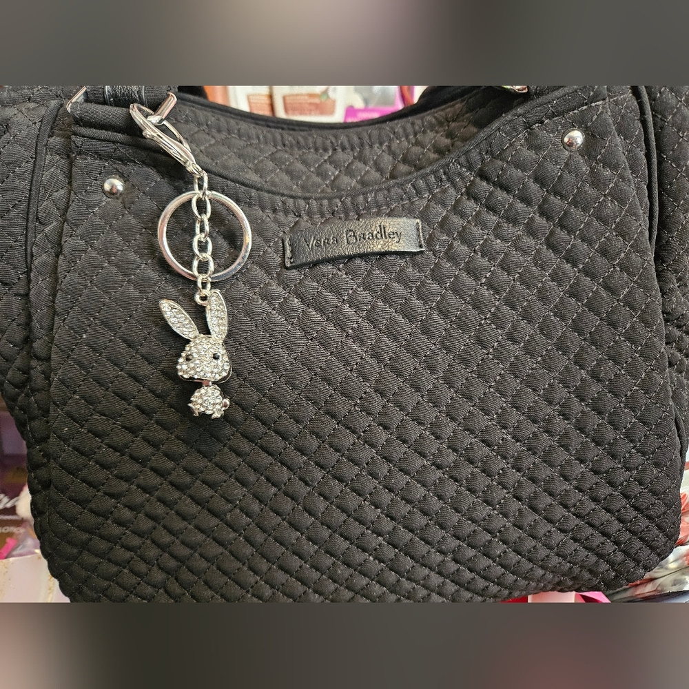 #649 Vera Bradley Black Quilted Tote +Bonus Bunny Sparkly Bag Charm